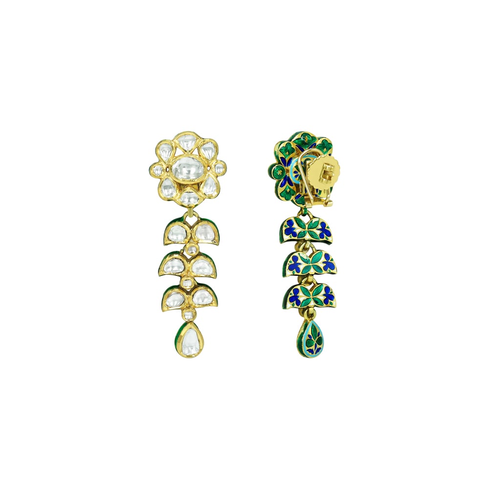 Floral Polki Drop Earrings with Petal Design and Teardrop